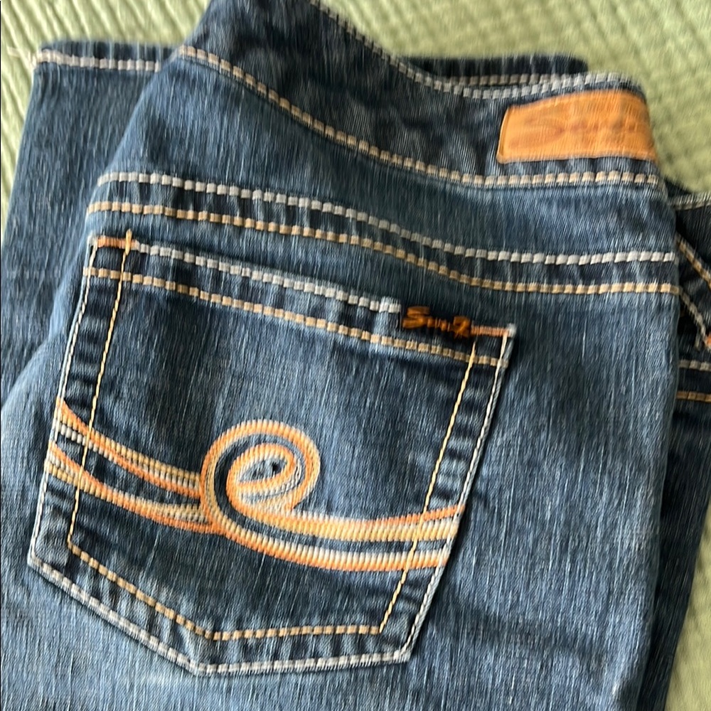Dark Blue Womens Jeans with Orange Stitch Detail